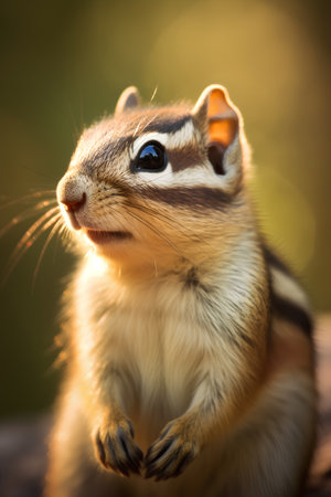 Close up of a chipmunk looking at the camera with a blurry backgroundの素材
