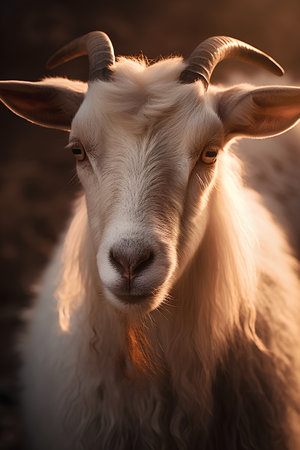 Portrait of a white goat with horns in the sunset light.の素材