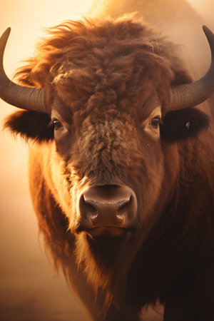 Portrait of a bull in the sunset light. Close-up.の素材