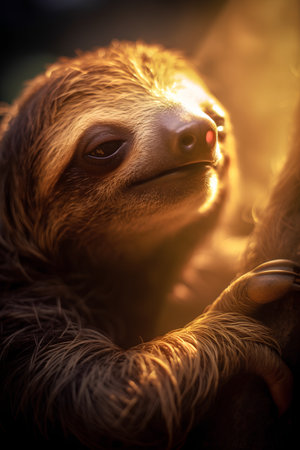 Close-up portrait of a cute baby sloth in the sunの素材