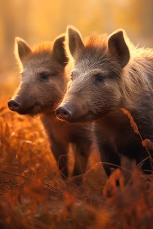 Two young wild boars in autumn forest. Animal in nature.の素材