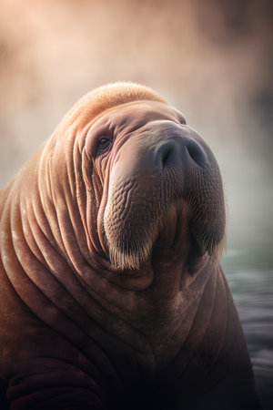 Close up portrait of a female walrus in the ocean. Filtered image processed vintage effect.の素材