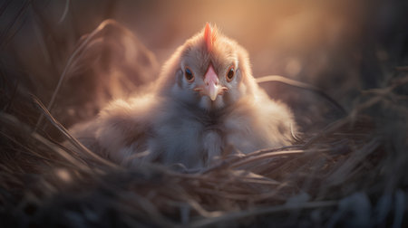Little chicken on a farm in the rays of the setting sun.の素材