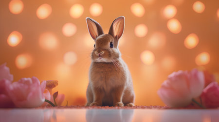 Cute little rabbit on bokeh background with tulip flowersの素材