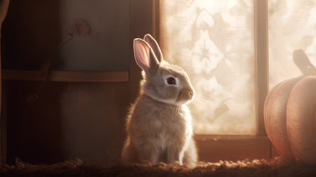Rabbit sitting in front of a window and looking at the cameraの素材