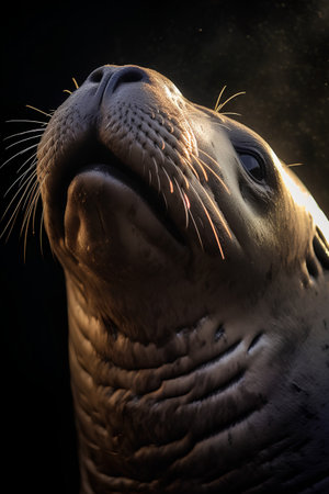 Close up portrait of a sea lion on a black background. Shallow depth of field.の素材