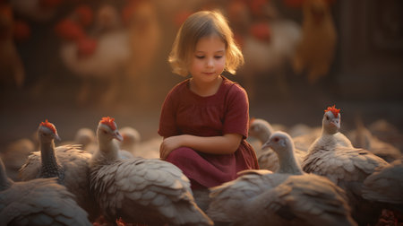 Little girl in a red dress sits on the background of a flock of white chickensの素材