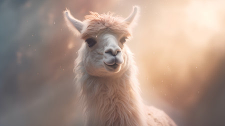 Alpaca portrait in the sunset light. Alpaca is a domesticated mammal of the llama family.の素材