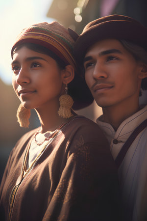 Portrait of a young couple in traditional clothes in the city.の素材