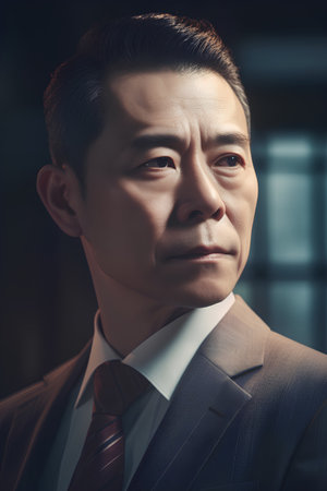 Portrait of serious Asian businessman in suit looking at camera. Business concept.の素材