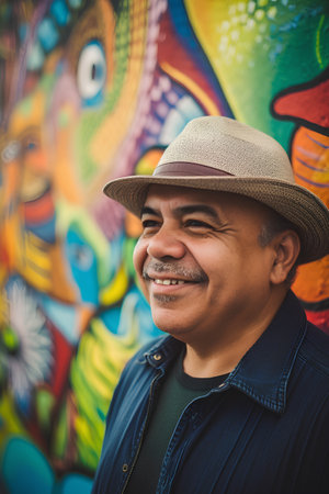 Portrait of a smiling senior Asian man wearing a hat in front of a graffiti wallの素材