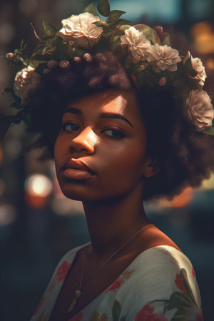 Portrait of a beautiful african american woman with flowers in her hairの素材