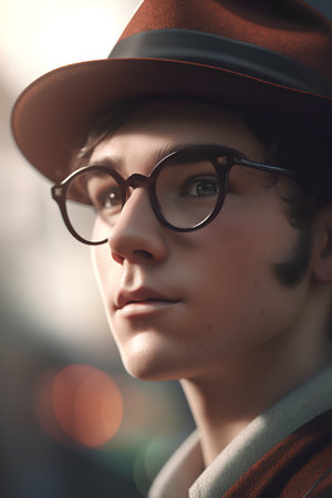 Portrait of a handsome young man in hat and glasses. Men's beauty, fashion. Optics style.