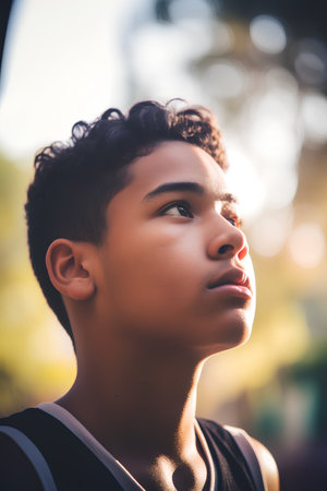 Portrait of a young African American boy with curly hair in the parkの素材