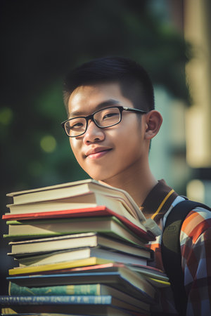 Portrait of a young asian student with books in the campusの素材