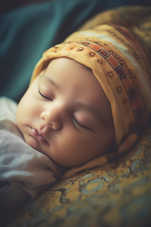 Sleeping newborn baby boy in a yellow headscarf.の素材