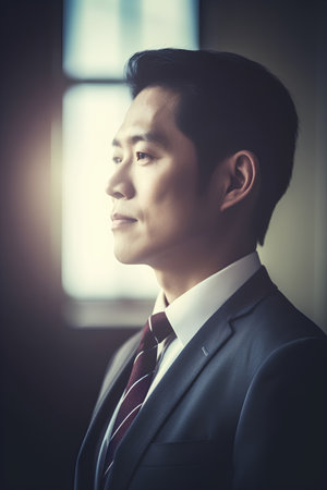 Portrait of a handsome asian businessman in suit looking away at officeの素材