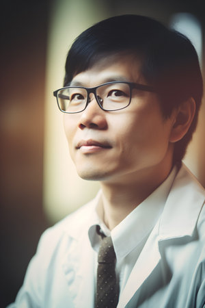Portrait of a young Asian businessman wearing glasses and a white shirtの素材