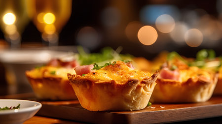 Baked tartlets with ham, cheese and arugula on a wooden boardの素材