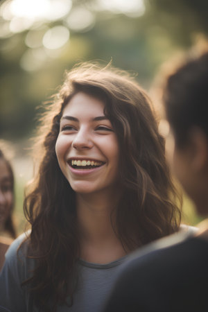 Group of friends having fun together at a music festival. People having fun outdoors.の素材