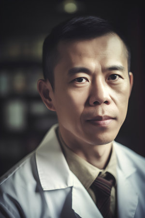 Portrait of a handsome asian man in white coat and tieの素材
