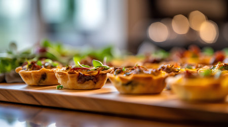 Mini tartlets with meat and vegetables on a wooden board. Selective focus.の素材