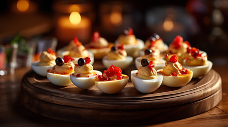 stuffed eggs with strawberries and cheese on a wooden table in a restaurantの素材