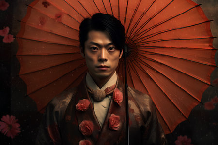 Asian man in kimono with red umbrella and rose petalsの素材
