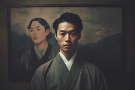 Portrait of japanese kimono man in the roomの素材