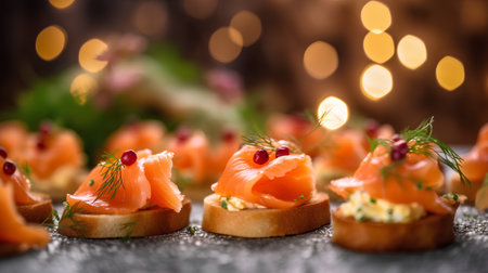 Canape with salted salmon and cream cheese on a black background.の素材
