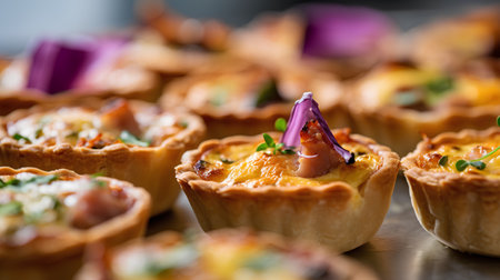 Tartlets with cheese, ham, onion and herbs close upの素材