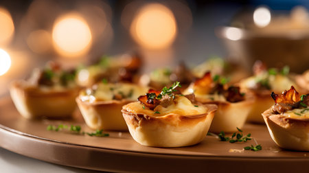 Tartlets with mushrooms, cheese and herbs on a plate.の素材