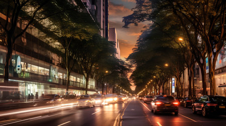 Traffic on the street at night in Guangzhou, China.の素材