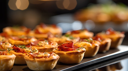 Tartlets with salami, cheese and tomatoes on a black backgroundの素材