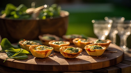 Tartlets with spinach and mozzarella cheese on a wooden boardの素材