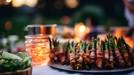 Asparagus wrapped in bacon and served with a glass of cold drinkの素材