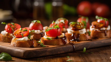 Bruschetta with tomatoes, mozzarella cheese and basil on wooden boardの素材