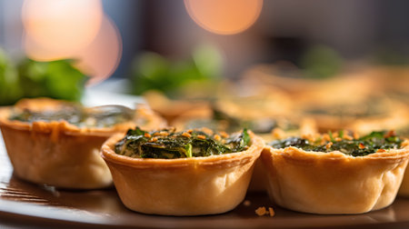 Tartlets with spinach and feta cheese on a brown plateの素材