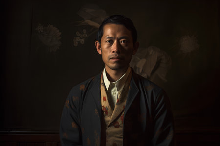Portrait of a man wearing a kimono in the darkの素材