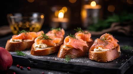 Bruschetta with salmon, cream cheese and dill on a black background.の素材