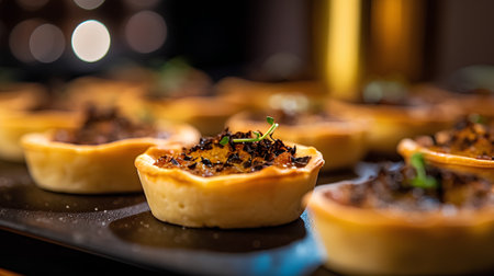 Mini tartlets with chocolate and caramelized onions on a black plateの素材