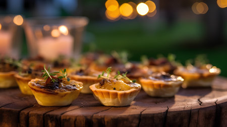 Mini tartlets with meat, mushrooms and cheese on a wooden tableの素材