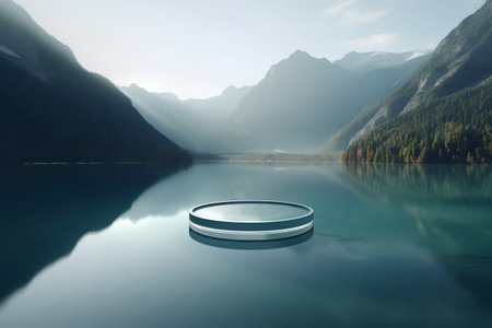 3d render of a podium on a lake in the mountains.の素材