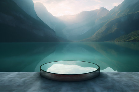 3d render of abstract scene with round platform in the middle of lakeの素材