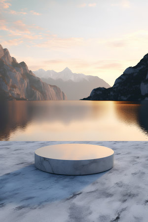 Podium on the lake in the mountains at sunset. 3d renderの素材