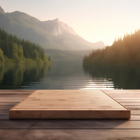 Wooden platform on the background of the mountain lake. 3D renderingの素材