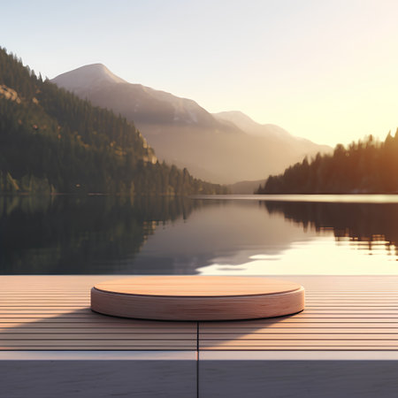Wooden Podium On The Lake And Mountains Background. 3d Renderingの素材