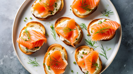 Open faced sandwiches with salmon, cream cheese and dill on white plate.の素材