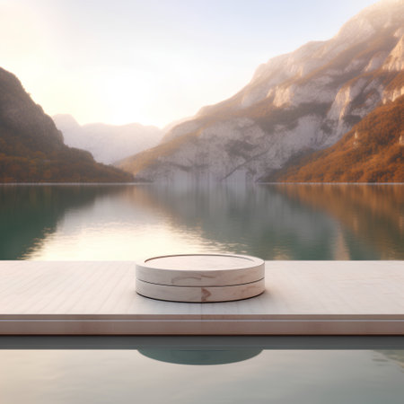Wooden platform on a lake in front of mountains. 3d renderingの素材
