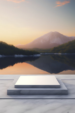 3d render of white marble platform with lake and mountains at sunsetの素材